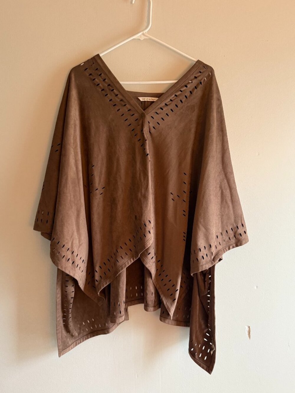 Soft Surroundings Faux Suede Laser Cut Poncho Topper Brown Taupe One Size